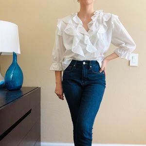 Vintage White Ruffled V-Neck Blouse